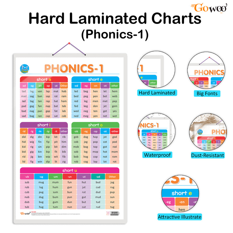 Set of 2 | 2 IN 1 DAILY ROUTINE AND TIME and 2 IN 1 PHONICS 1 AND PHONICS 2 Early Learning Educational Charts for Kids | 20"X30" inch |Non-Tearable and Waterproof | Double Sided Laminated | Perfect for Homeschooling, Kindergarten and Nursery Students