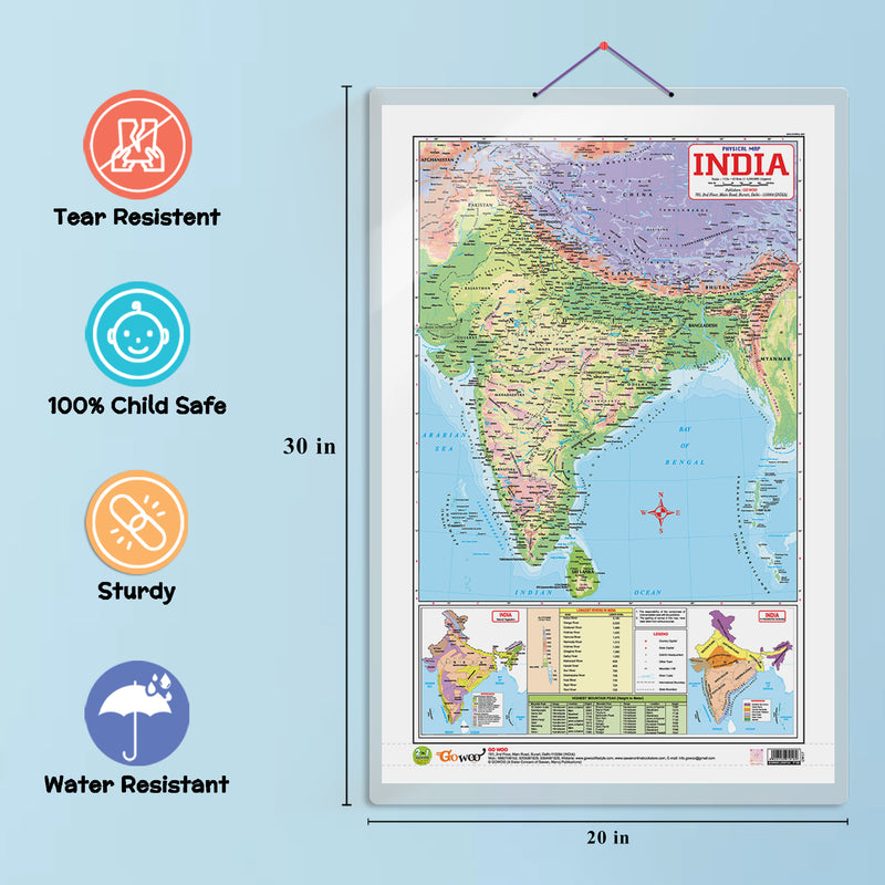 Set of 2 | 2 IN 1 INDIA POLITICAL AND PHYSICAL MAP IN ENGLISH and 2 IN 1 INDIA POLITICAL AND PHYSICAL MAP IN HINDI Educational Charts