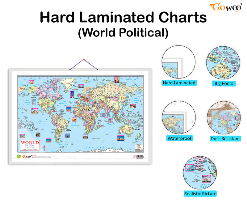 Set of 2 | 2 IN 1 WORLD POLITICAL AND PHYSICAL MAP IN ENGLISH and 2 IN 1 WORLD POLITICAL AND PHYSICAL MAP IN HINDI Educational Charts