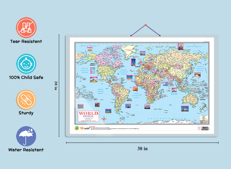 Set of 2 | 2 IN 1 WORLD POLITICAL AND PHYSICAL MAP IN ENGLISH and 2 IN 1 WORLD POLITICAL AND PHYSICAL MAP IN HINDI Educational Charts