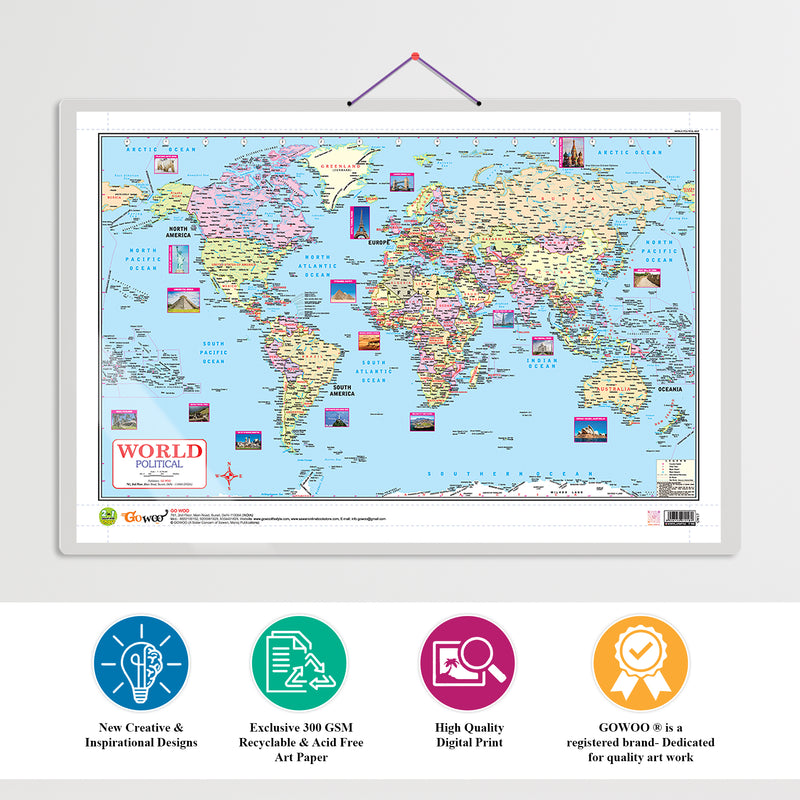 Set of 2 | 2 IN 1 WORLD POLITICAL AND PHYSICAL MAP IN ENGLISH and 2 IN 1 WORLD POLITICAL AND PHYSICAL MAP IN HINDI Educational Charts