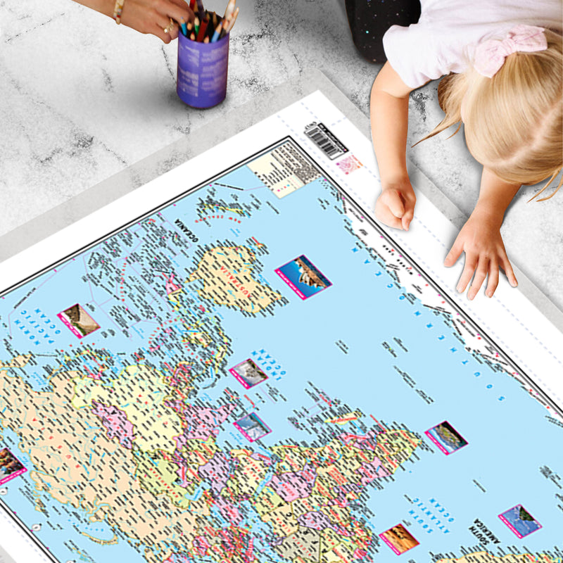 Set of 2 | 2 IN 1 WORLD POLITICAL AND PHYSICAL MAP IN ENGLISH and 2 IN 1 WORLD POLITICAL AND PHYSICAL MAP IN HINDI Educational Charts