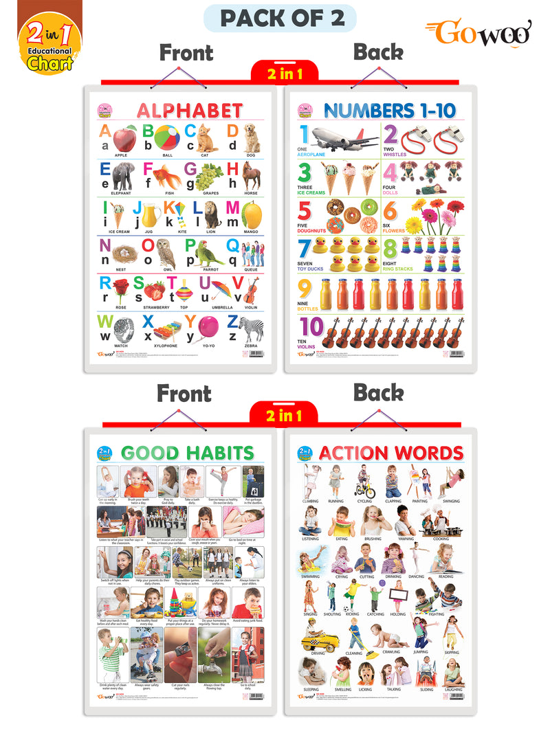 Set of 2 | 2 IN 1 ALPHABET AND NUMBER 1-10 and 2 IN 1 GOOD HABITS AND ACTION WORDS Early Learning Educational Charts for Kids