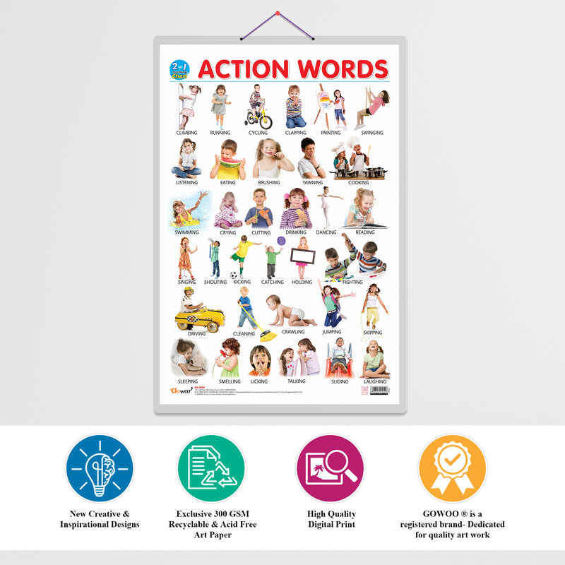 Set of 2 | 2 IN 1 ALPHABET AND NUMBER 1-10 and 2 IN 1 GOOD HABITS AND ACTION WORDS Early Learning Educational Charts for Kids