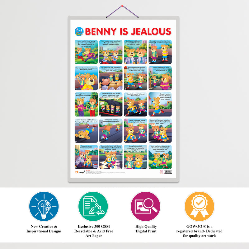 Set of 2 | 2 IN 1 ALPHABET AND NUMBER 1-10 and 2 IN 1 BENNY IS ANGRY AND BENNY IS JEALOUS Early Learning Educational Charts for Kids