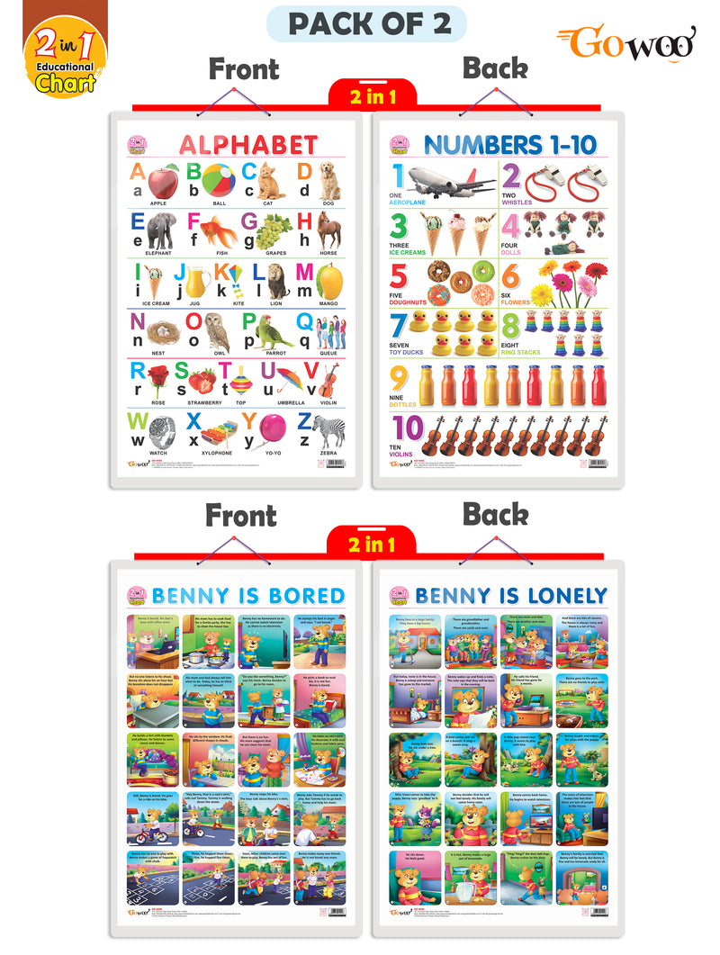 Set of 2 | 2 IN 1 ALPHABET AND NUMBER 1-10 and 2 IN 1 BENNY IS BORED AND BENNY IS LONELY Early Learning Educational Charts for Kids