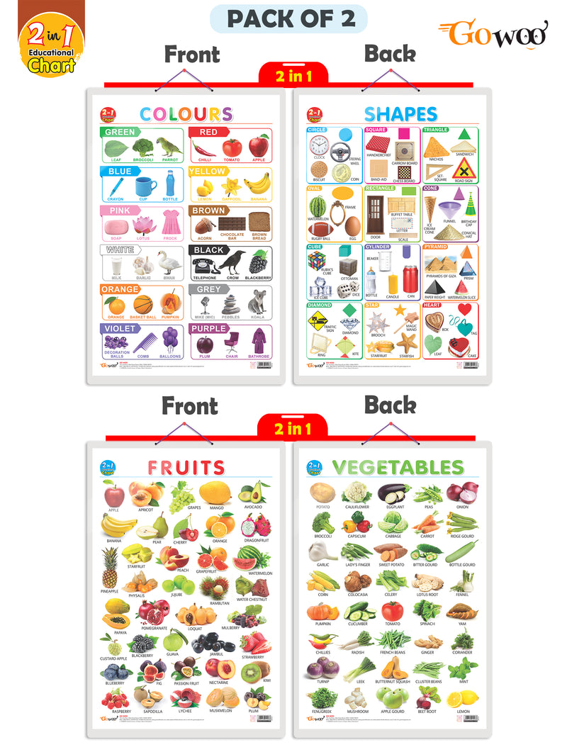 Set of 2 | 2 IN 1 COLOURS AND SHAPES and 2 IN 1 FRUITS AND VEGETABLES Early Learning Educational Charts for Kids | 20"X30" inch |Non-Tearable and Waterproof | Double Sided Laminated | Perfect for Homeschooling, Kindergarten and Nursery Students