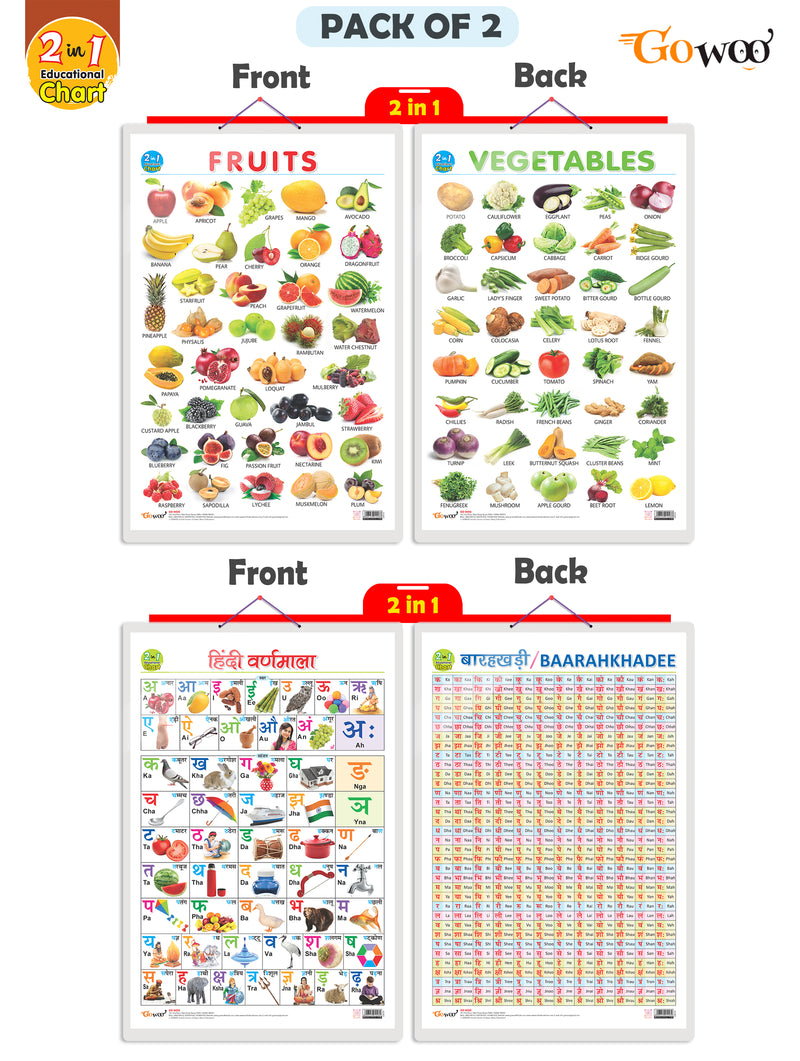 Set of 2 | 2 IN 1 FRUITS AND VEGETABLES and 2 IN 1 HINDI VARNMALA AND BAARAHKHADEE Early Learning Educational Charts for Kids