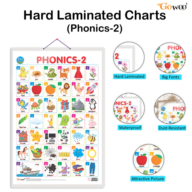 Set of 2 |2 IN 1 WILD AND FARM ANIMALS & PETS and 2 IN 1 PHONICS 1 AND PHONICS 2 Early Learning Educational Charts for Kids|  20"X30" inch |Non-Tearable and Waterproof| Double Sided Laminated | Perfect for Homeschooling, Kindergarten and Nursery Students