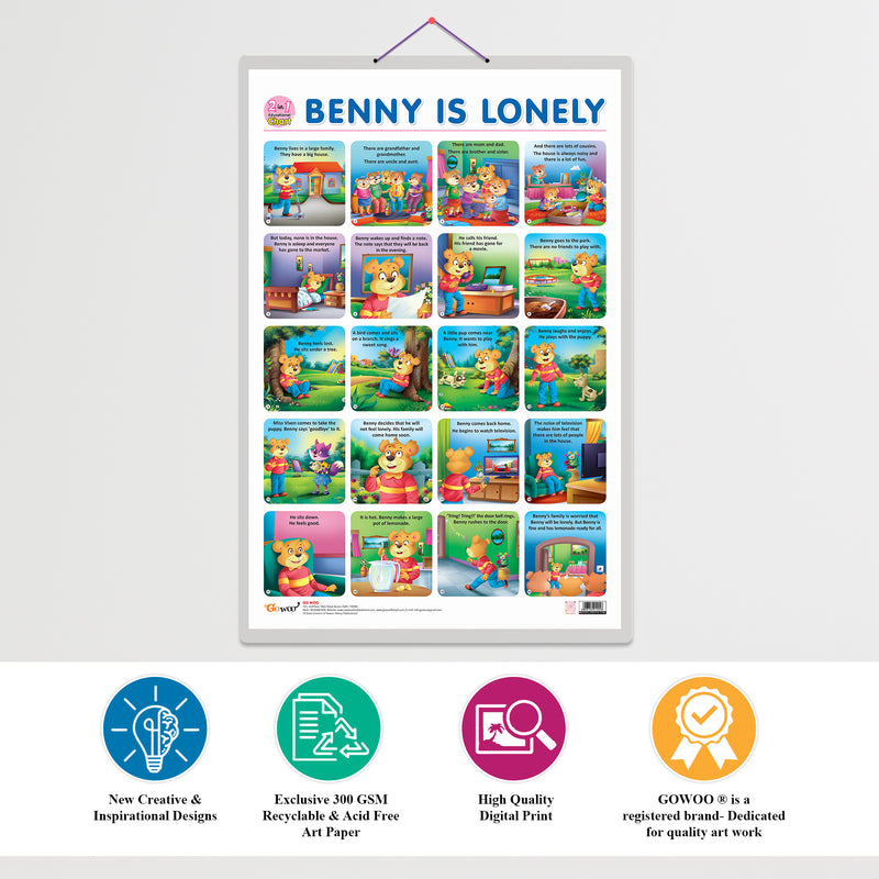 Set of 2 |2 IN 1 WILD AND FARM ANIMALS & PETS and 2 IN 1 BENNY IS BORED AND BENNY IS LONELY Early Learning Educational Charts for Kids|