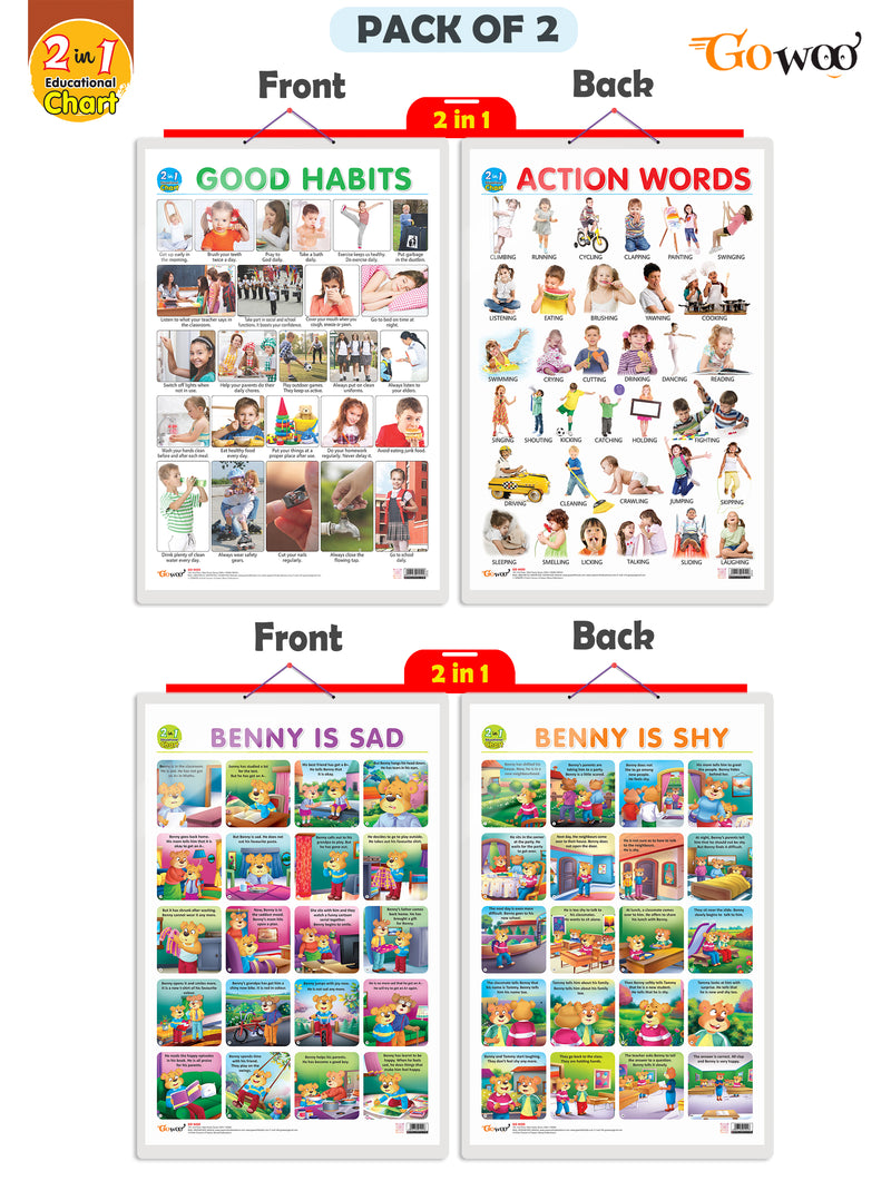 Set of 2 |2 IN 1 GOOD HABITS AND ACTION WORDS and 2 IN 1 BENNY IS SAD AND BENNY IS SHY Early Learning Educational Charts for Kids|