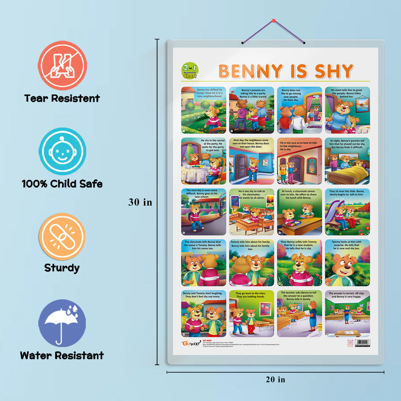 Set of 2 |2 IN 1 GOOD HABITS AND ACTION WORDS and 2 IN 1 BENNY IS SAD AND BENNY IS SHY Early Learning Educational Charts for Kids|