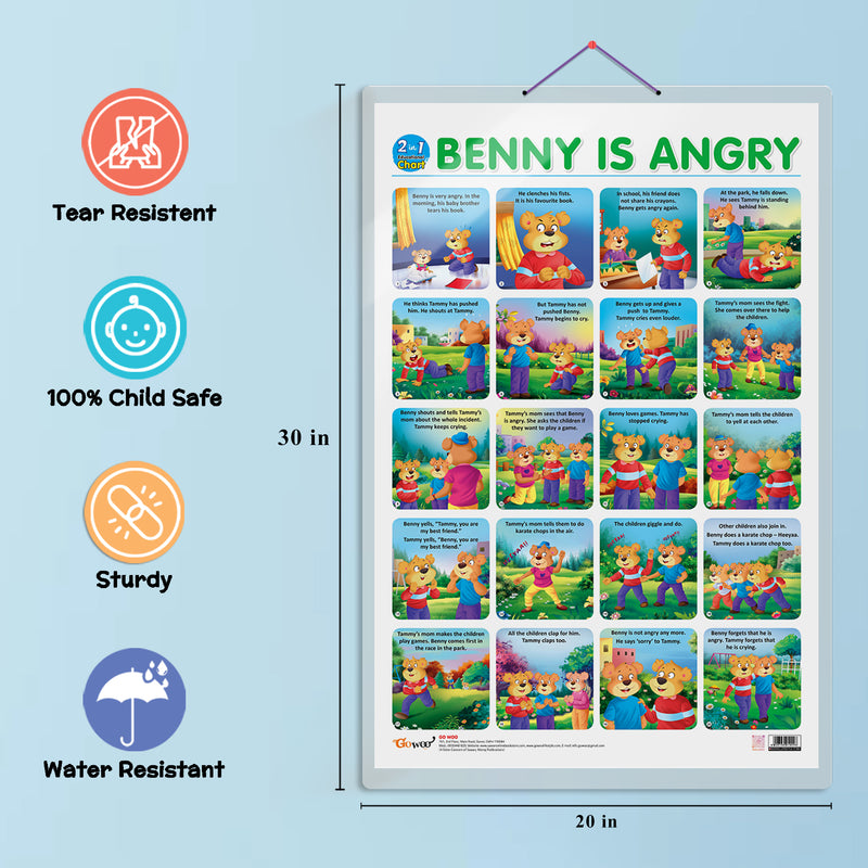 Set of 3 | 2 IN 1 BENNY IS ANGRY AND BENNY IS JEALOUS, 2 IN 1 BENNY IS BORED AND BENNY IS LONELY and 2 IN 1 BENNY LEARNS TO RECYCLE AND BENNY TEACHES TO SAVE WATER Early Learning Educational Charts for Kids