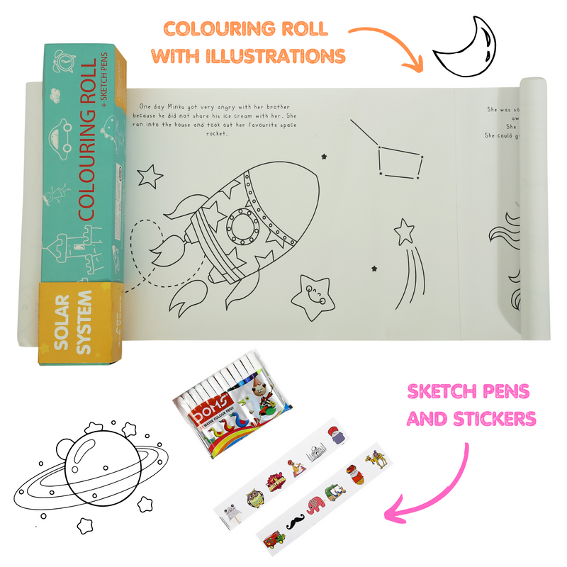 CocoMoco Kids Colouring Roll - Solar System for Kids - 11 feet Big Size Art and Craft Reusable Drawing Paper Roll - Birthday Return Gift (Pack of 1)