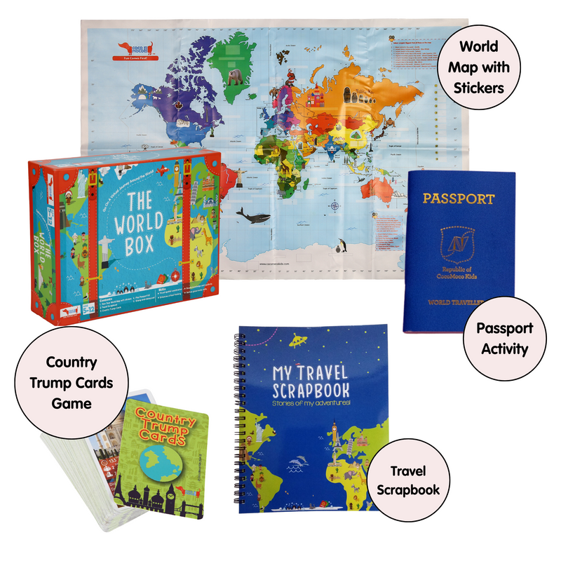 CocoMoco Kids World Box Learn Geography with Activity Box for Kids with World Map Activity, Passport, Scrapbook, Country Trump Cards Educational STEM Toy