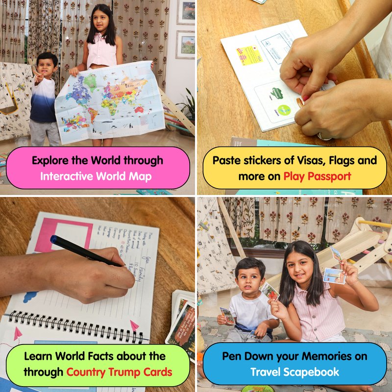 CocoMoco Kids World Box Learn Geography with Activity Box for Kids with World Map Activity, Passport, Scrapbook, Country Trump Cards Educational STEM Toy