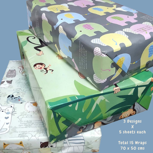 eVincE Assorted Gift Wrapping Paper | Cat Monkey Elephant Pattern| 3 designs : 15 sheets total