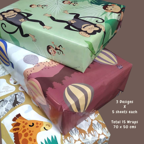 eVincE Assorted Gift Wrapping Paper | Giraffe, Monkey & Hot Air Balloon, 3 Designs with facts | 70 x 50 cms - 15 sheets