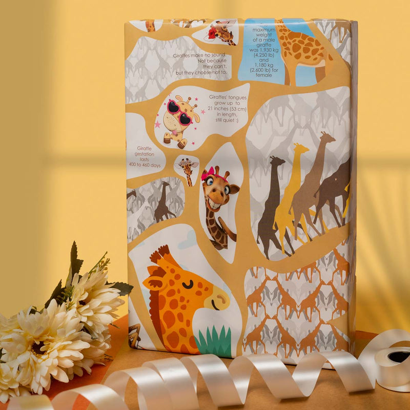 eVincE Assorted Gift Wrapping Paper | Giraffe, Monkey & Hot Air Balloon, 3 Designs with facts | 70 x 50 cms - 15 sheets